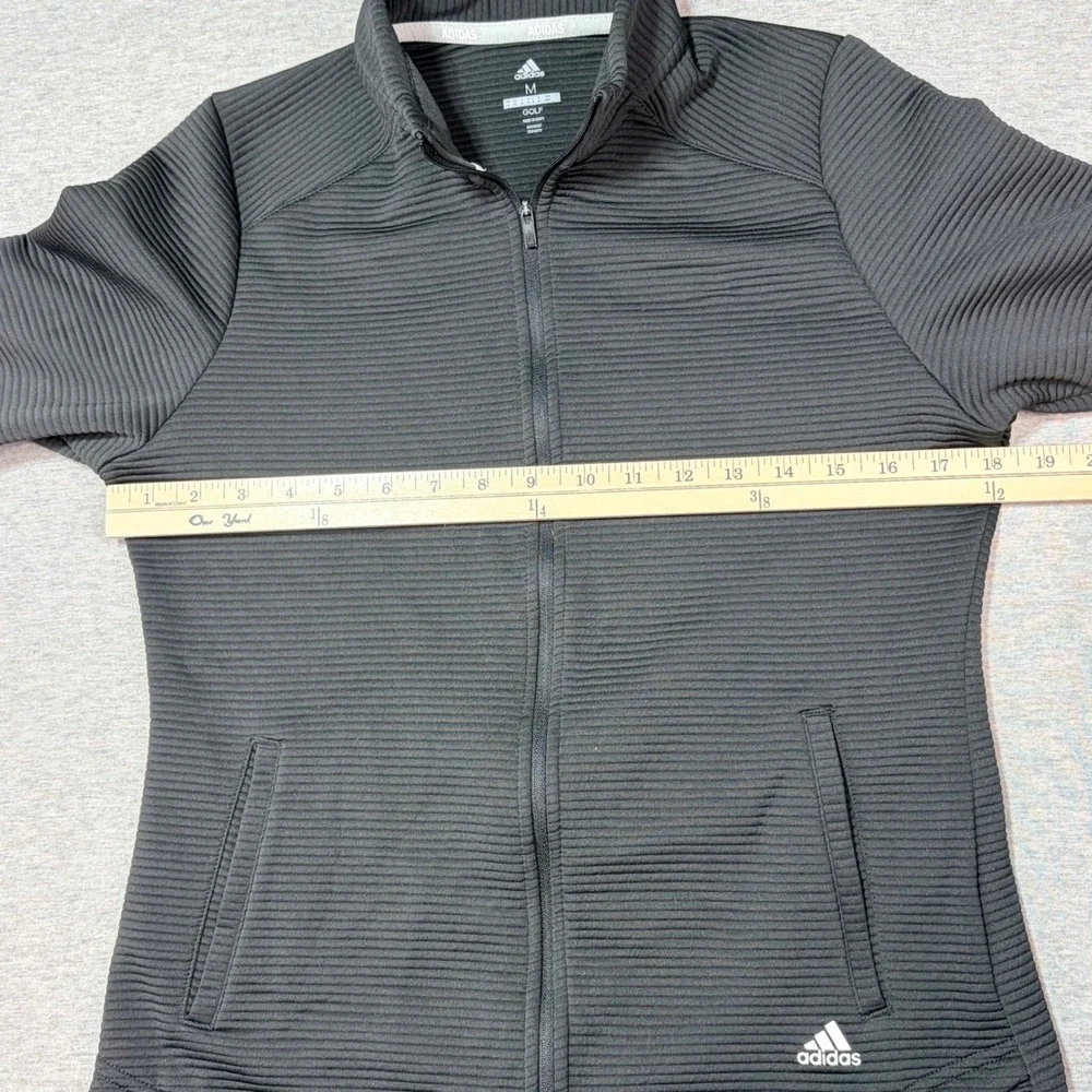 EUC Adidas Golf Women Medium Black Ribbed Full Zip Jacket Thumbhole Athletic Top